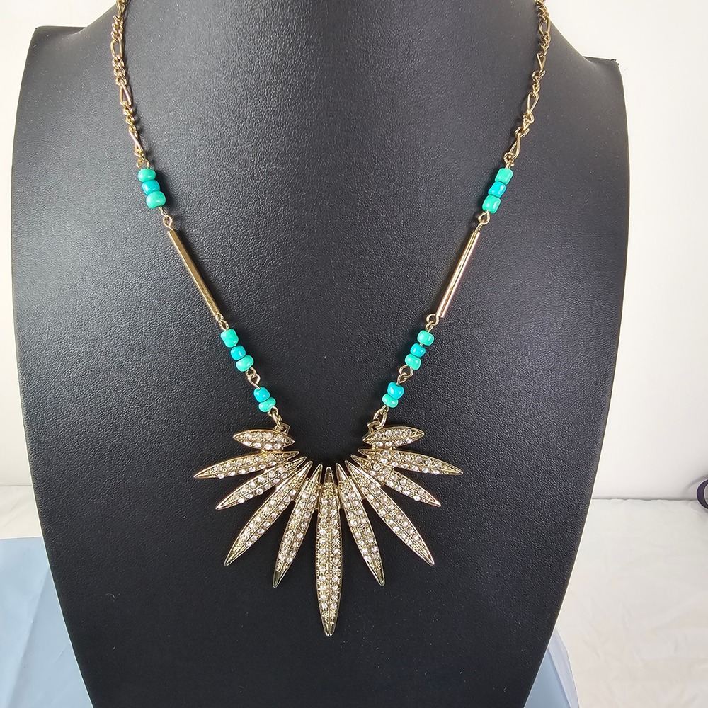 Gold Tone Sunburst Statement Necklace Turquoise Beads Rhinestone Fan Pendant